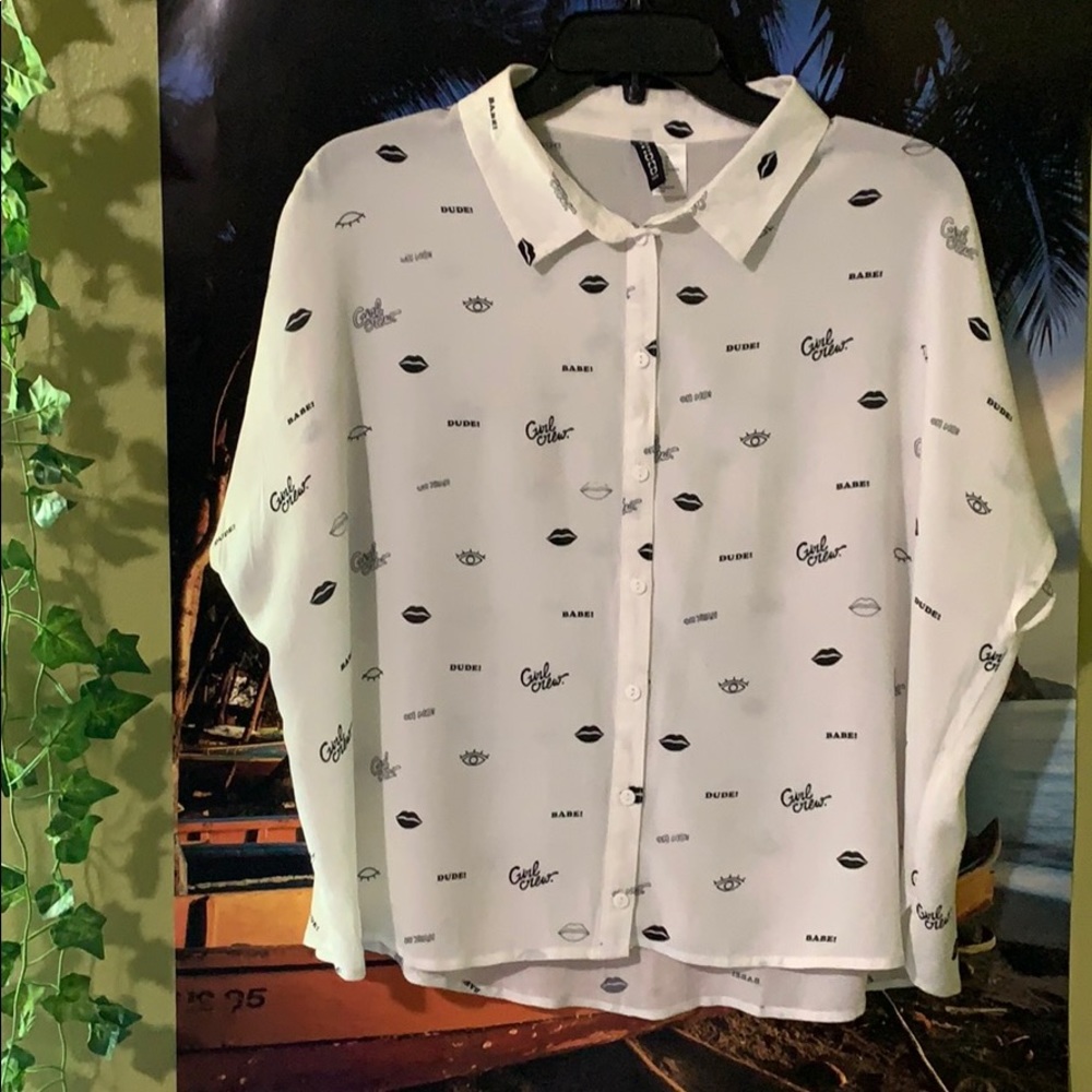 Graphic White Semi Sheer Button Down Blouse